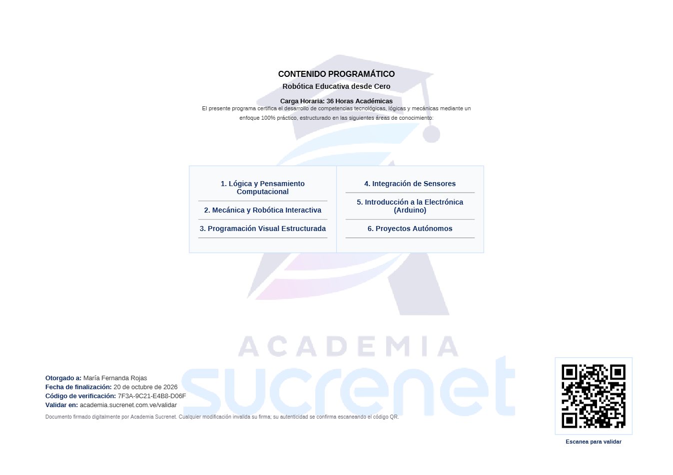 Reverso del certificado con el contenido del curso y el código QR de validación